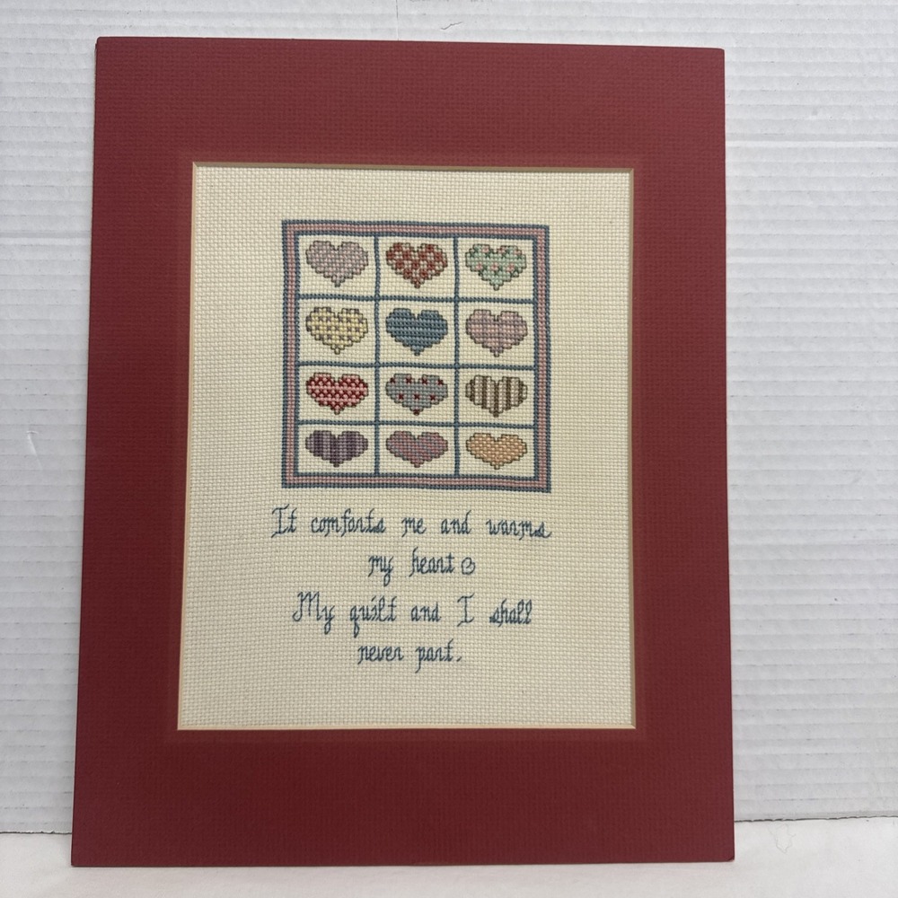 Handmade Finished Cross Stitch Heart Quilt Matted Cottage Core 14x11